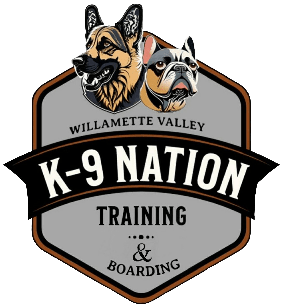 Logo for K-9 Nation Training & Boarding featuring illustrations of a German Shepherd and French Bulldog above the text "Willamette Valley K-9 Nation Training & Boarding" on a shield-shaped background.